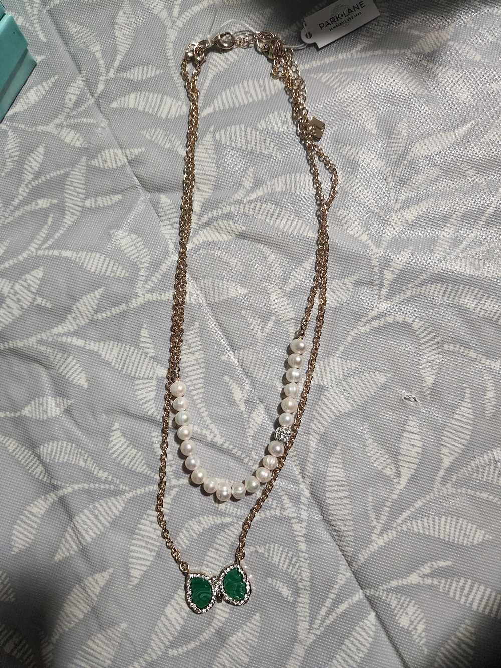 Park Lane Raylynn  Layered Necklace with White Pearls and Green butterfly